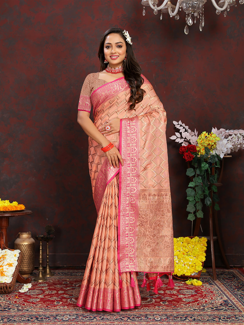 Lorenvalley Fashion Peach Soft Katan Silk Woven Design Rich Zari Weaving Pallu Saree