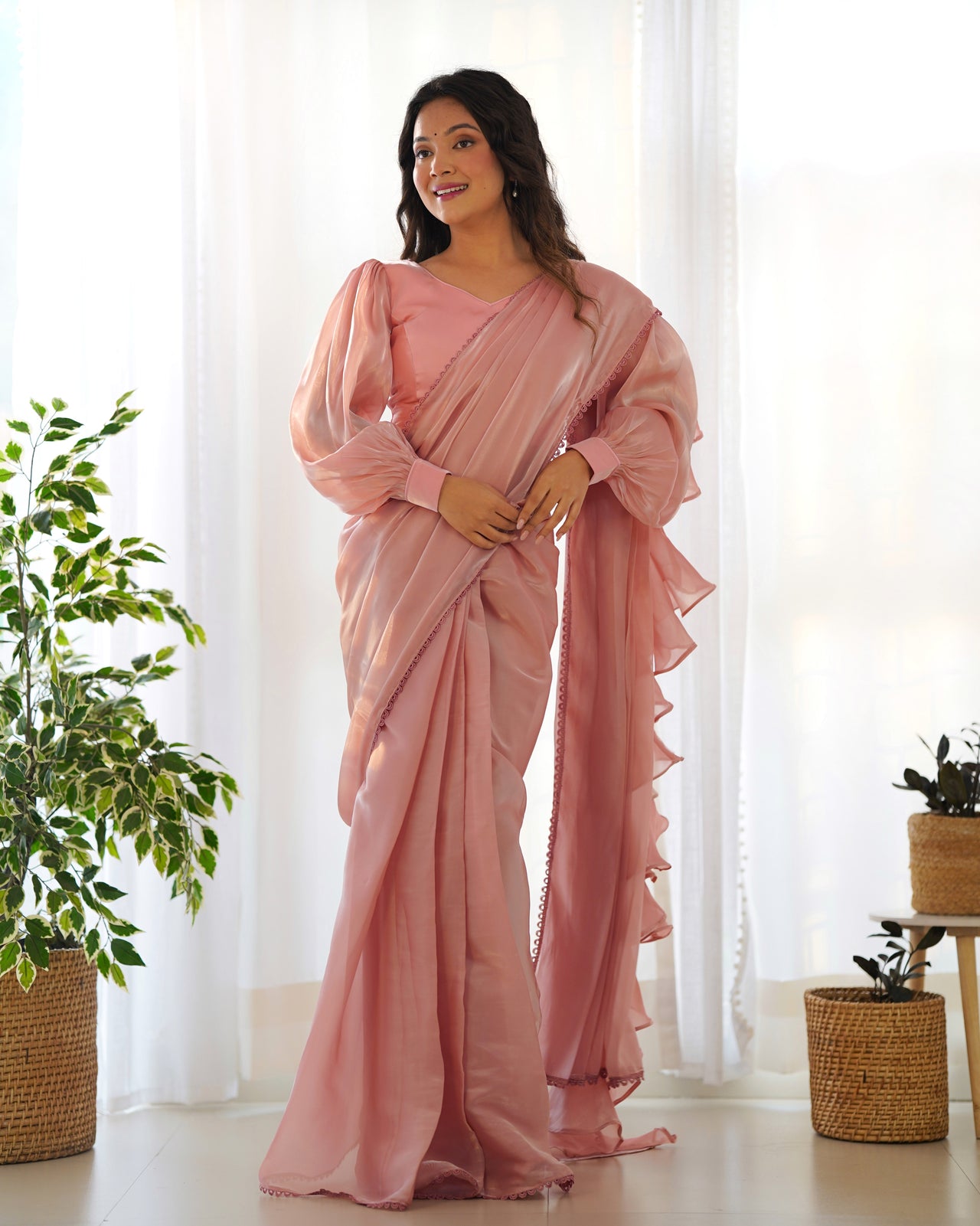 Lorenvalley Ready to wear Jimmy Choo Organza Fabric Border Lace Work Predrapped Saree