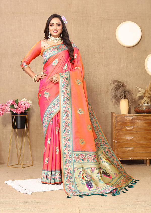 Lorenvalley Fashion Peach Soft Paithani Silk Woven Design Rich Meenakari Zari Weaving Pallu Saree - Distacart