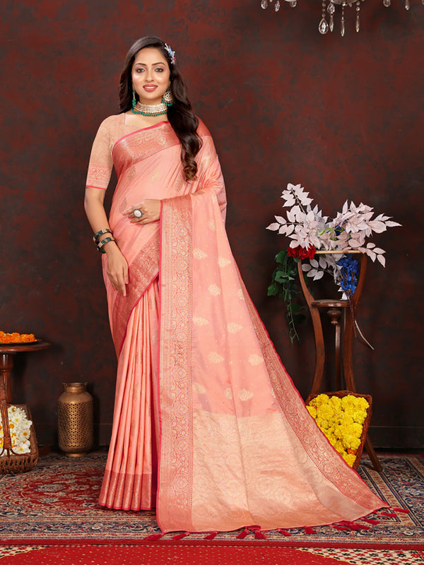 Lorenvalley Fashion Peach Soft Katan Silk Woven Design Zari Weaving Pallu Saree - Distacart