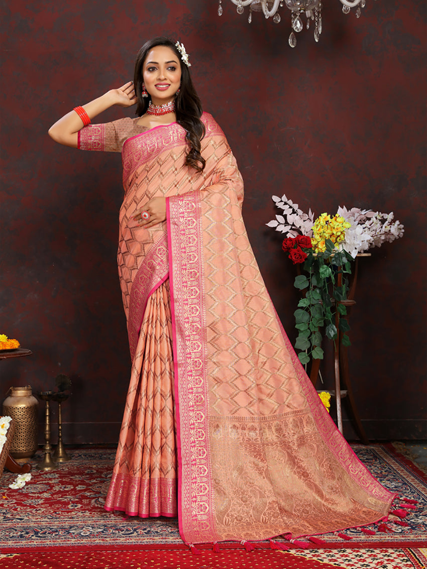 Lorenvalley Fashion Peach Soft Katan Silk Woven Design Rich Zari Weaving Pallu Saree