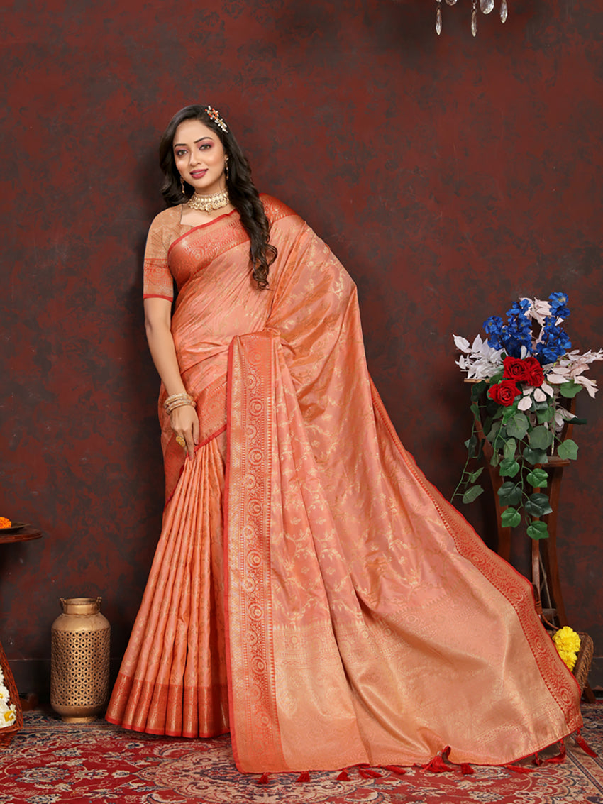Lorenvalley Fashion Peach Soft Katan Silk Woven Design Zari Weaving Pallu Saree - Distacart