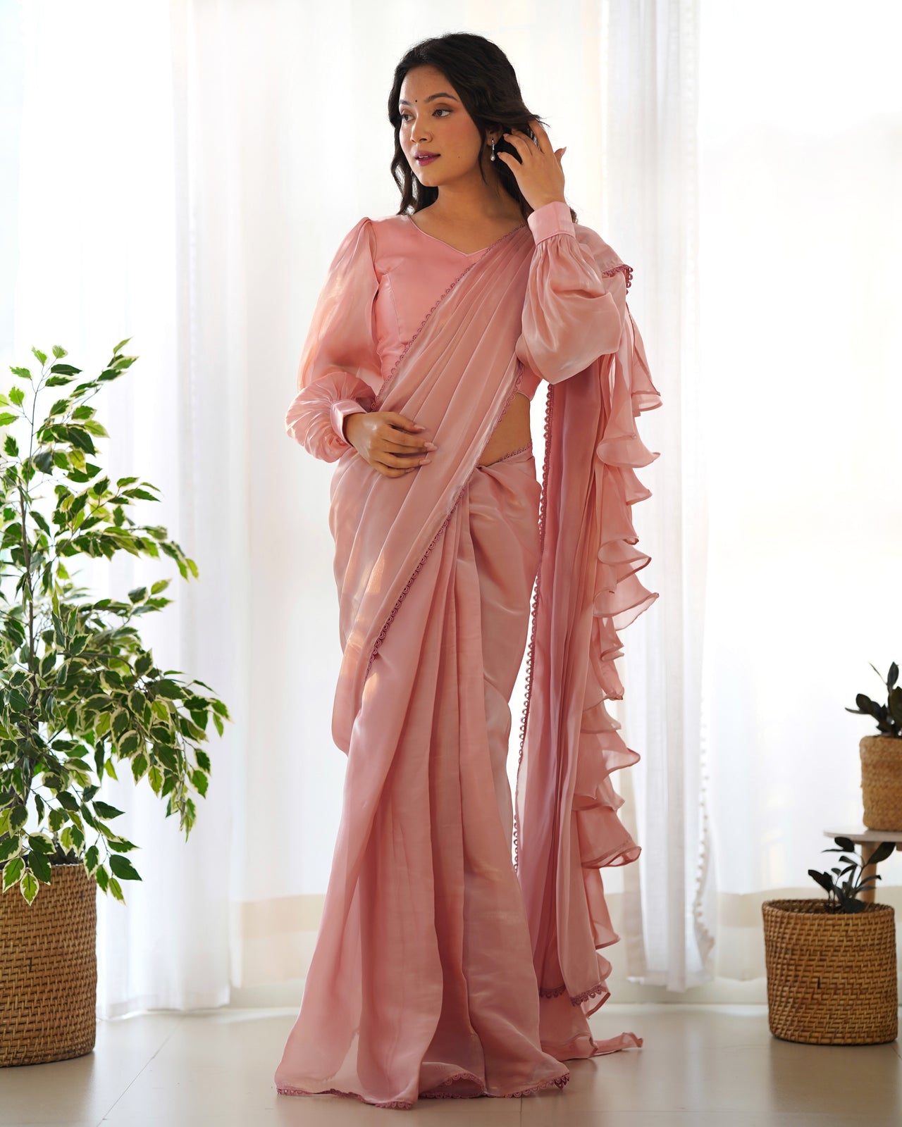 Lorenvalley Ready to wear Jimmy Choo Organza Fabric Border Lace Work Predrapped Saree