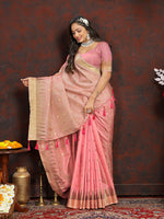Thumbnail for Lorenvalley Fashion Peach Soft Katan Silk Woven Design Zari Weaving Pallu Saree - Distacart