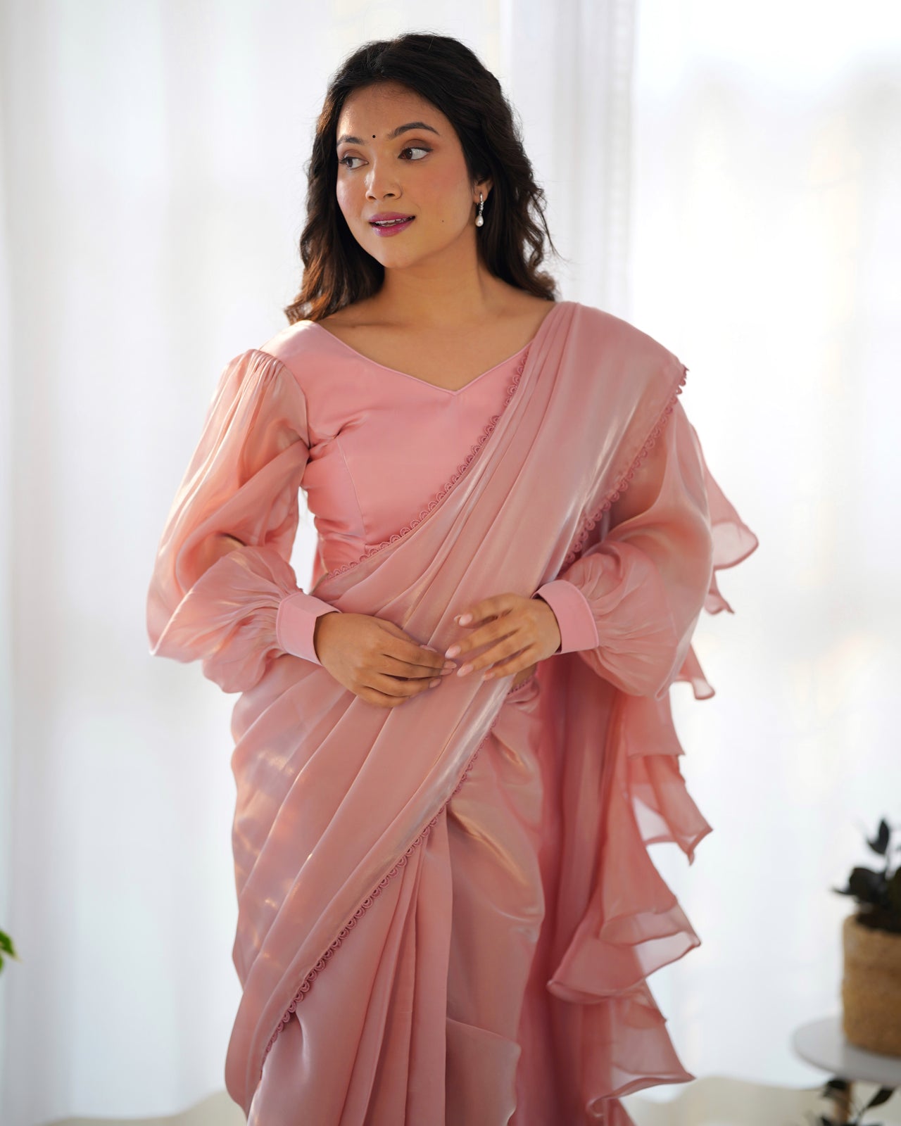 Lorenvalley Ready to wear Jimmy Choo Organza Fabric Border Lace Work Predrapped Saree