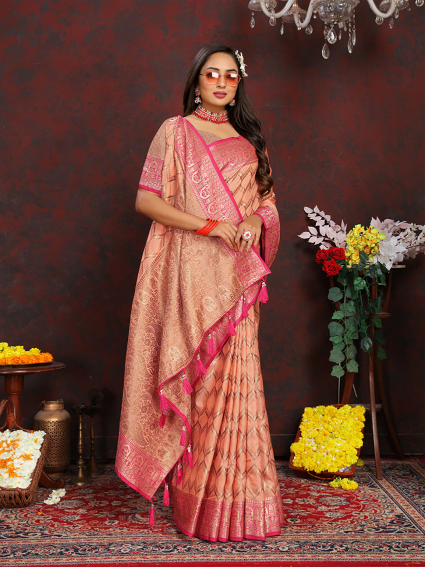Lorenvalley Fashion Peach Soft Katan Silk Woven Design Rich Zari Weaving Pallu Saree