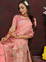 Thumbnail for Lorenvalley Fashion Peach Soft Katan Silk Woven Design Zari Weaving Pallu Saree - Distacart