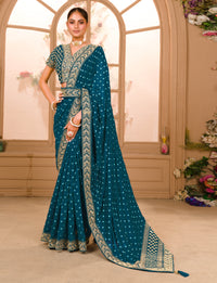 Thumbnail for Teeya Creation Petrol Color Chinnon Silk Heavy Embroidery Work Saree