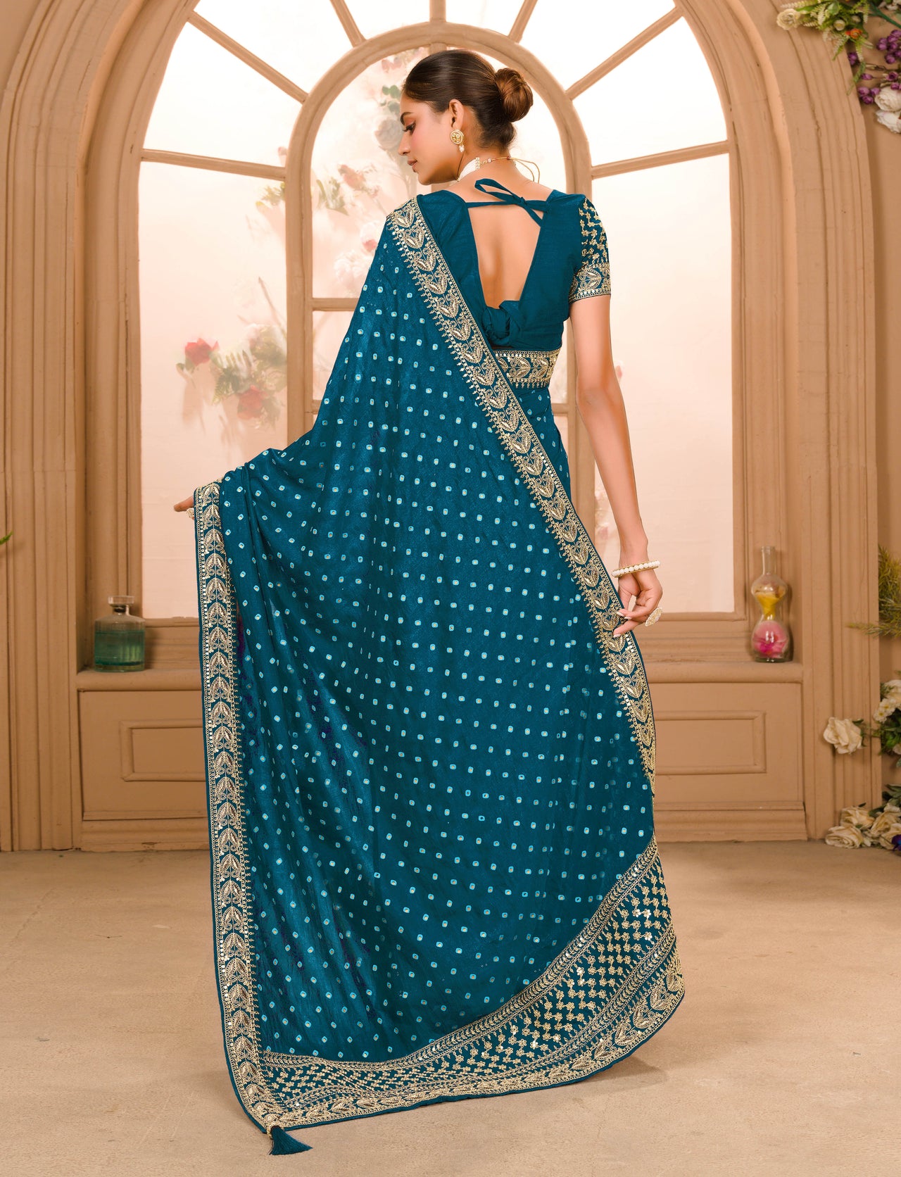 Teeya Creation Petrol Color Chinnon Silk Heavy Embroidery Work Saree