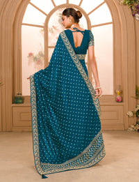 Thumbnail for Teeya Creation Petrol Color Chinnon Silk Heavy Embroidery Work Saree