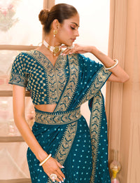 Thumbnail for Teeya Creation Petrol Color Chinnon Silk Heavy Embroidery Work Saree