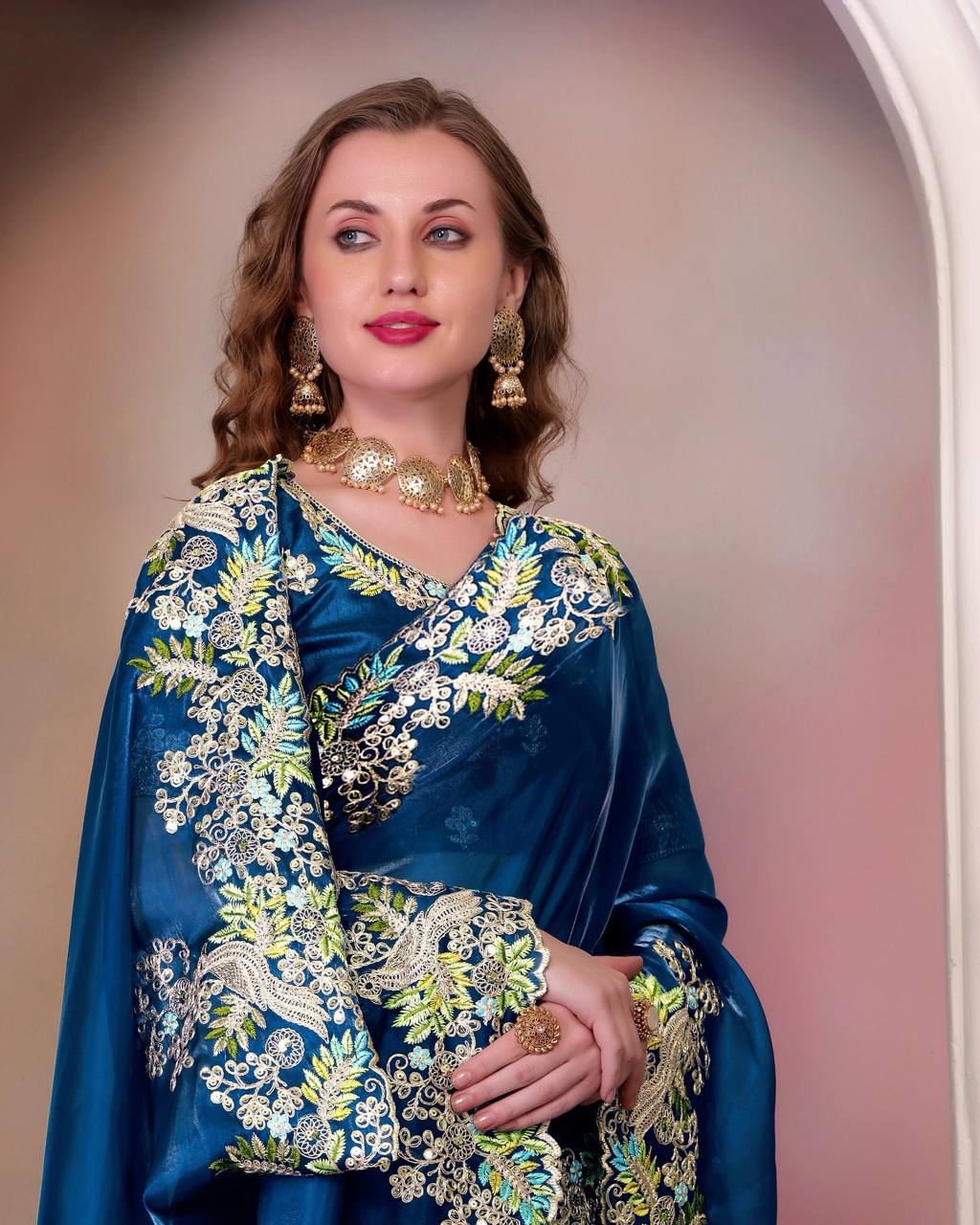 Teeya Creation Blue Color Zimichhu Silk Heavy Work Saree - Distacart