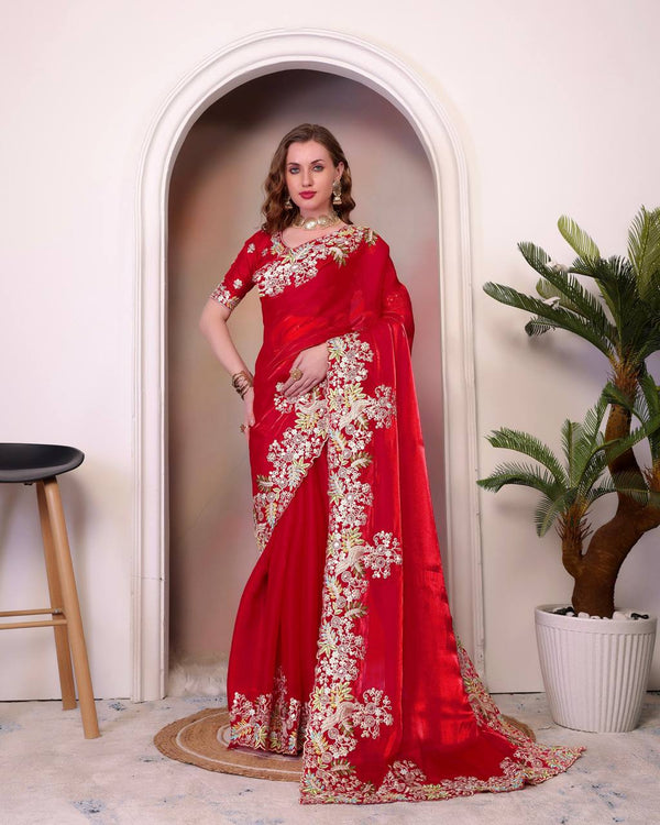 Teeya Creation Red Color Zimichhu Silk Heavy Work Saree - Distacart