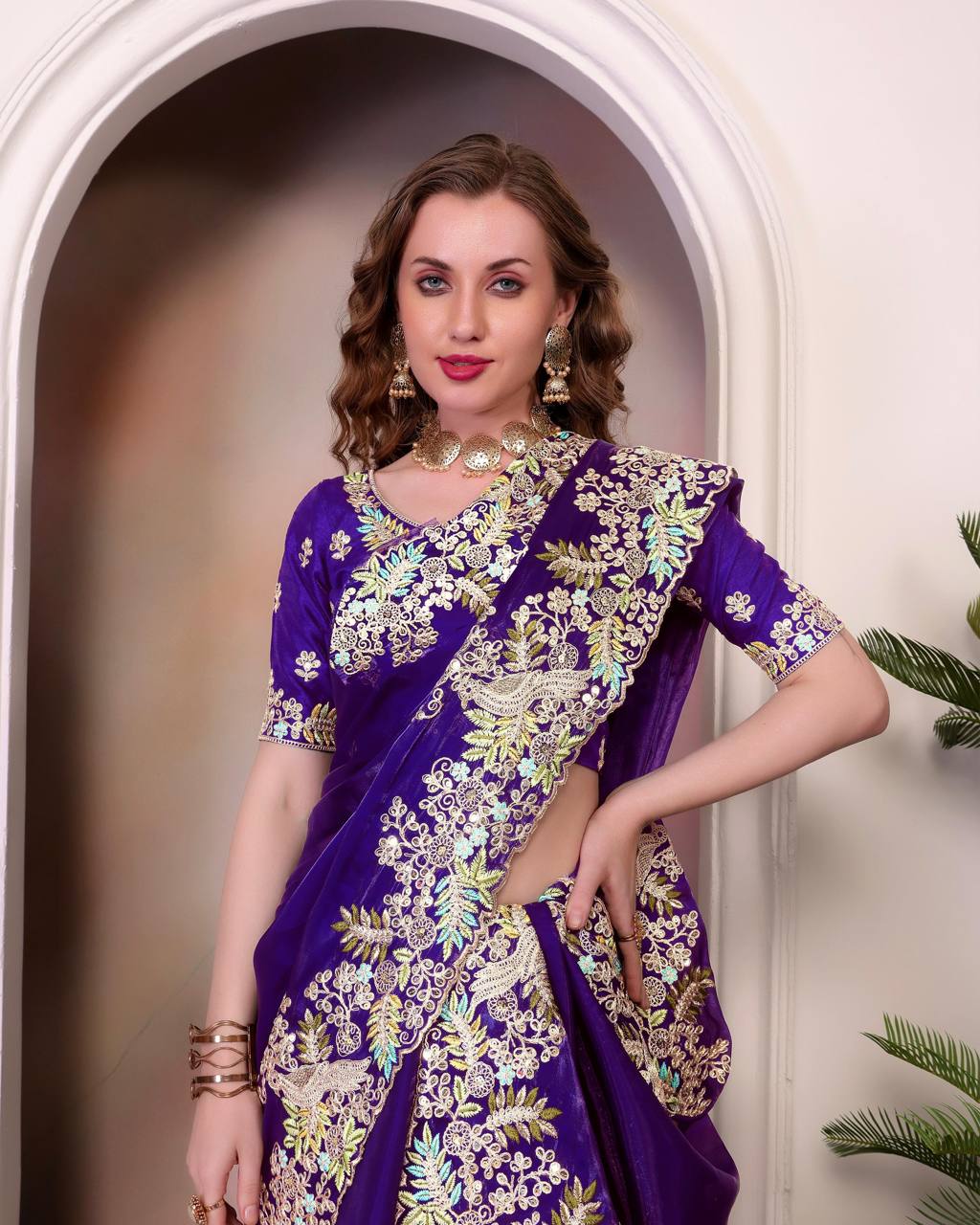 Teeya Creation Purple Color Zimichhu Silk Heavy Work Saree - Distacart