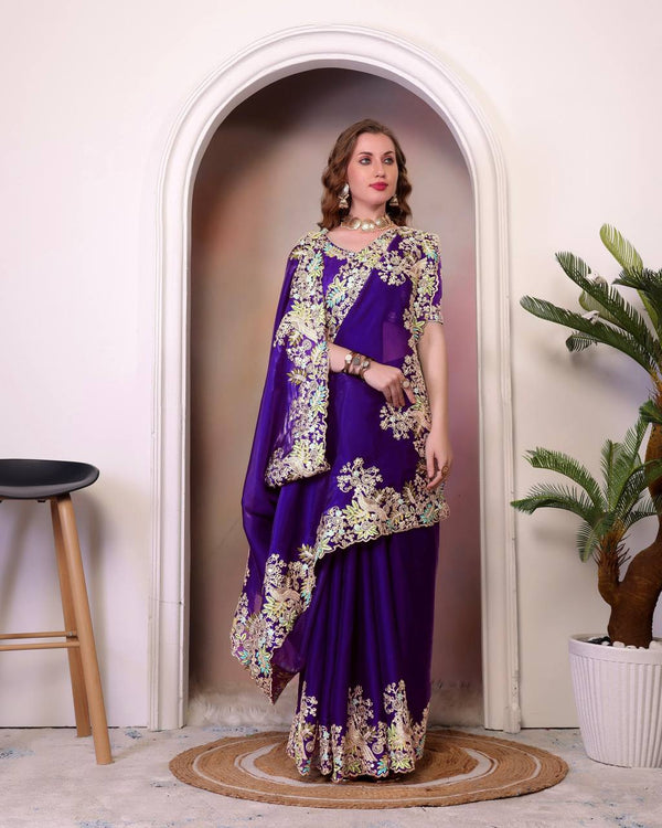 Teeya Creation Purple Color Zimichhu Silk Heavy Work Saree - Distacart