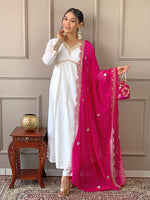 Thumbnail for The52 Women's Gorgeous Embroidery Chandrei Fabric Straight Kurta, Pant and Dupatta Set