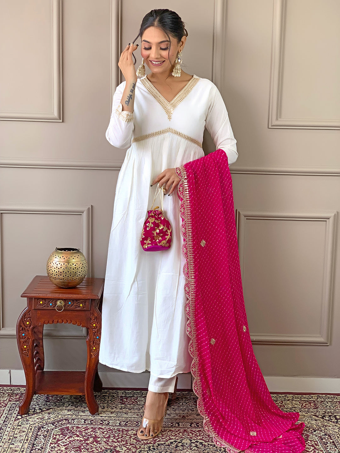 The52 Women's Gorgeous Embroidery Chandrei Fabric Straight Kurta, Pant and Dupatta Set