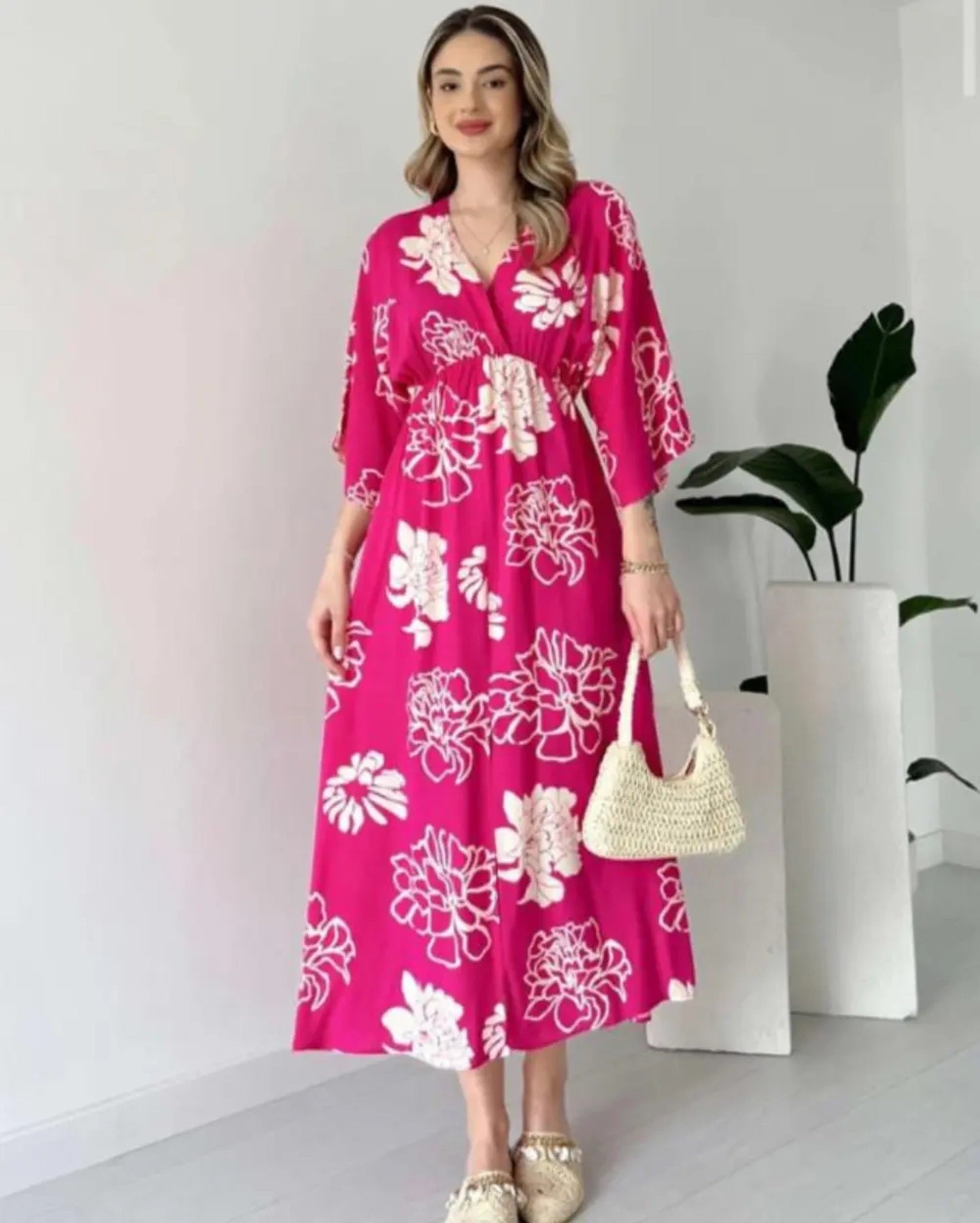 Pimu Front Slit Midi Dresses V-neck Designs For Women Party Wear - Pink