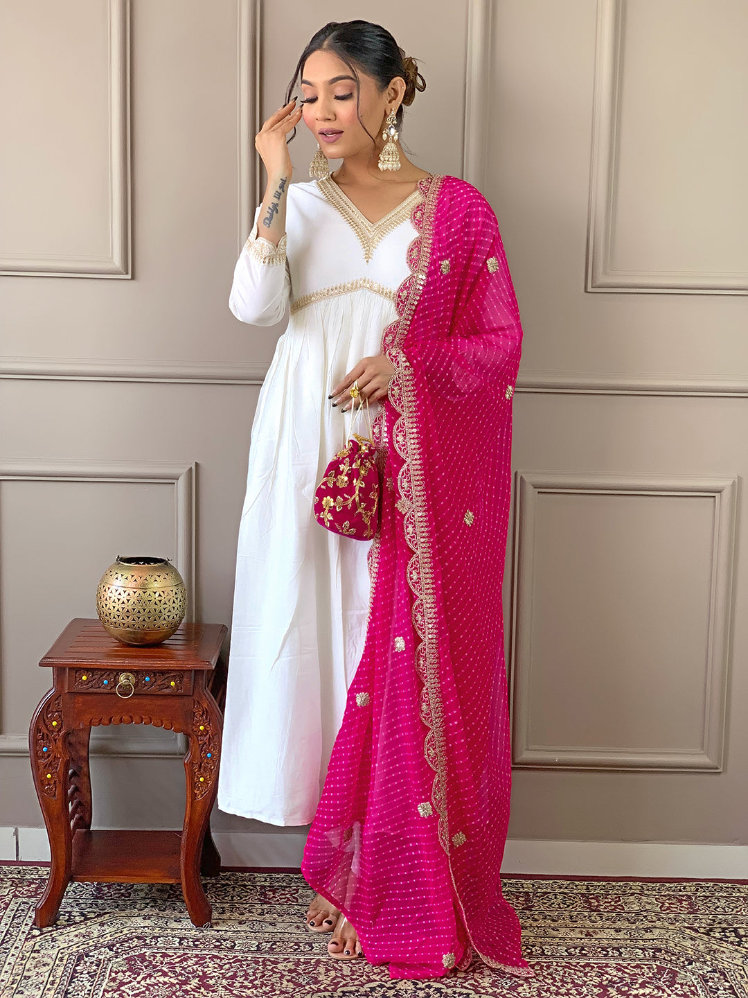 The52 Women's Gorgeous Embroidery Chandrei Fabric Straight Kurta, Pant and Dupatta Set