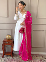 Thumbnail for The52 Women's Gorgeous Embroidery Chandrei Fabric Straight Kurta, Pant and Dupatta Set