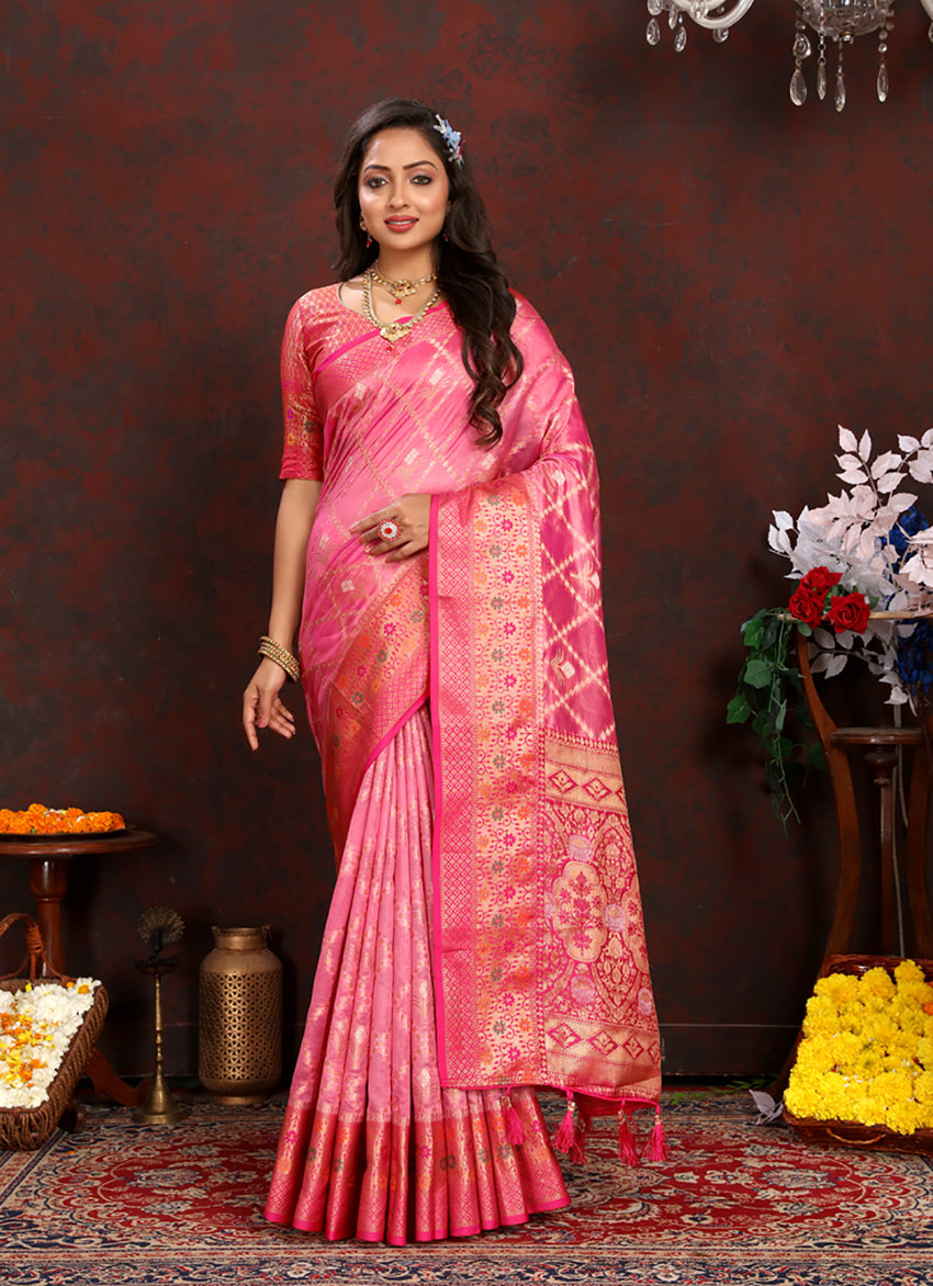 Lorenvalley Fashion Pink Organza Silk Woven Design with Rich Meenakari Weaving Pallu Saree