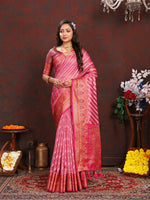 Thumbnail for Lorenvalley Fashion Pink Organza Silk Woven Design with Rich Meenakari Weaving Pallu Saree - Distacart
