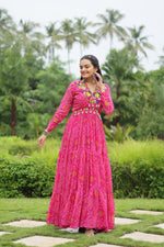 Thumbnail for Lorenvalley Pink Faux Georgette Bandhani Print Work With Kutchi Patch Work Gown - Distacart
