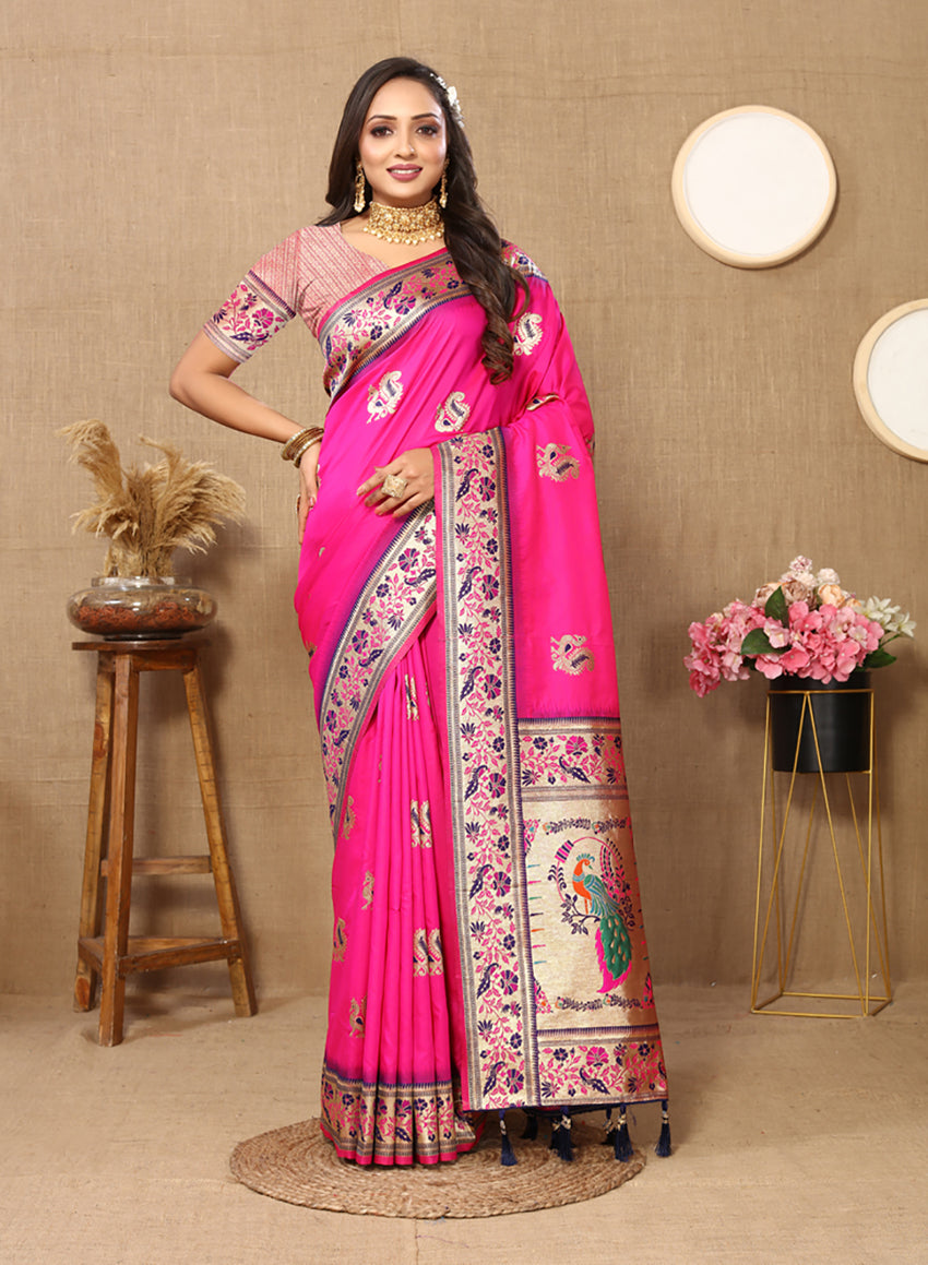 Lorenvalley Fashion Pink Soft Paithani Silk Woven Design Rich Meenakari Zari Weaving Pallu Saree