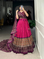Thumbnail for Lorenvalley Pink Tussar Silk Bandhej And Ajarakh Print Lehenga Choli with Dupatta - Distacart