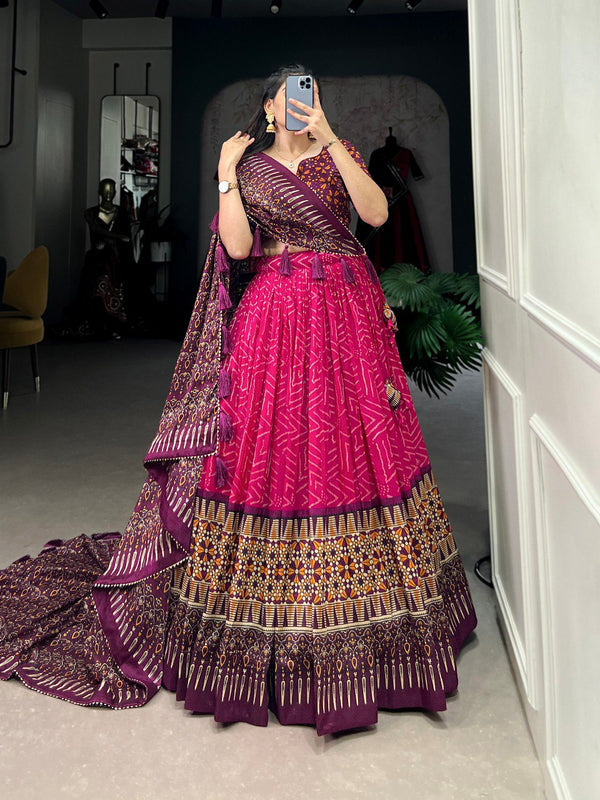 Lorenvalley Pink Tussar Silk Bandhej And Ajarakh Print Lehenga Choli with Dupatta - Distacart