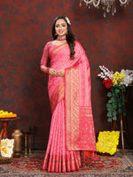 Thumbnail for Lorenvalley Fashion Pink Organza Silk Woven Design with Rich Meenakari Weaving Pallu Saree - Distacart