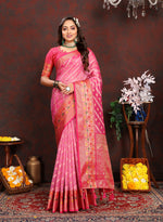Thumbnail for Lorenvalley Fashion Pink Organza Silk Woven Design with Rich Meenakari Weaving Pallu Saree - Distacart