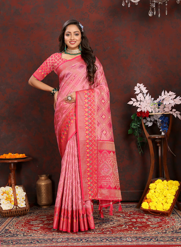 Lorenvalley Fashion Pink Organza Silk Woven Design with Rich Meenakari Weaving Pallu Saree - Distacart