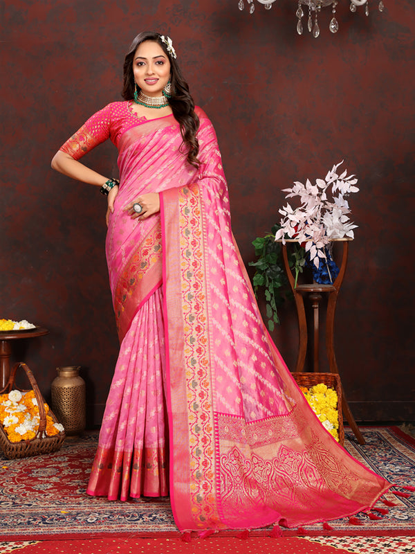 Lorenvalley Fashion Pink Organza Silk Woven Design with Rich Meenakari Weaving Pallu Saree - Distacart