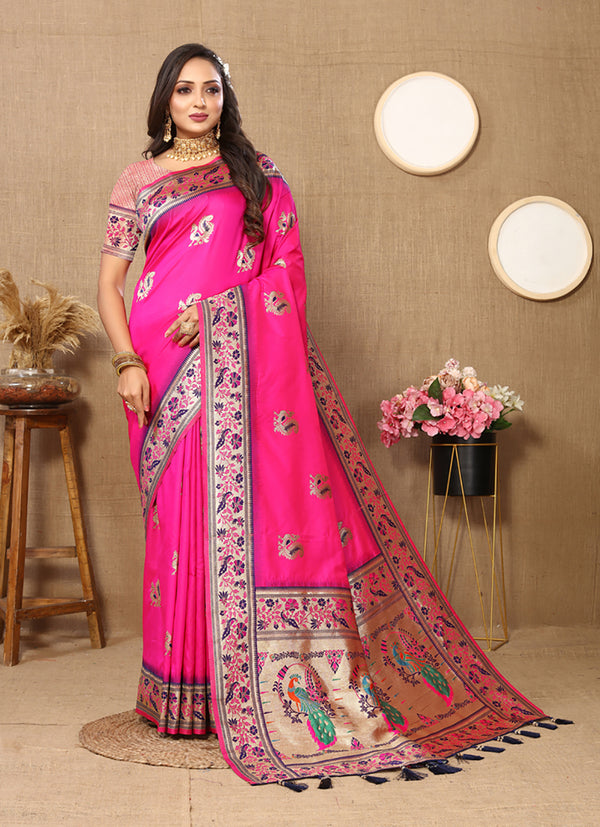 Lorenvalley Fashion Pink Soft Paithani Silk Woven Design Rich Meenakari Zari Weaving Pallu Saree - Distacart