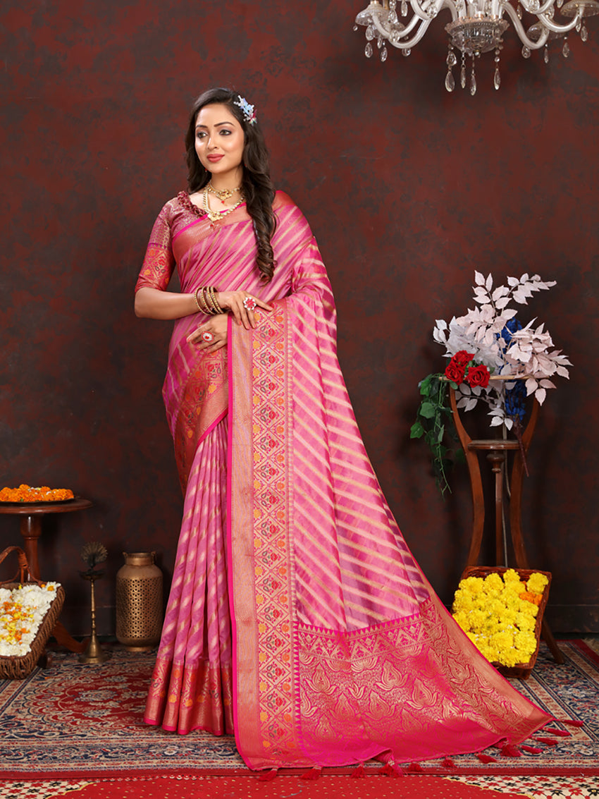 Lorenvalley Fashion Pink Organza Silk Woven Design with Rich Meenakari Weaving Pallu Saree