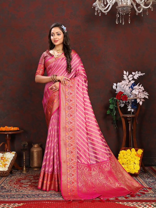 Lorenvalley Fashion Pink Organza Silk Woven Design with Rich Meenakari Weaving Pallu Saree - Distacart