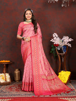 Thumbnail for Lorenvalley Fashion Pink Organza Silk Woven Design with Rich Meenakari Weaving Pallu Saree - Distacart