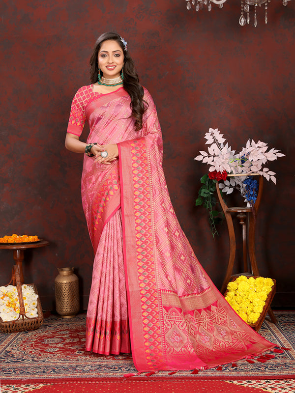 Lorenvalley Fashion Pink Organza Silk Woven Design with Rich Meenakari Weaving Pallu Saree - Distacart