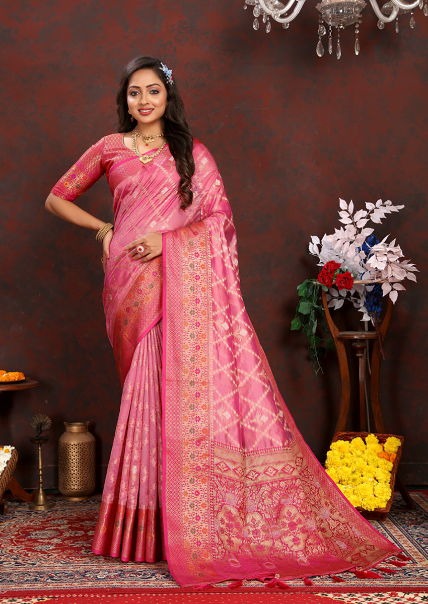 Lorenvalley Fashion Pink Organza Silk Woven Design with Rich Meenakari Weaving Pallu Saree