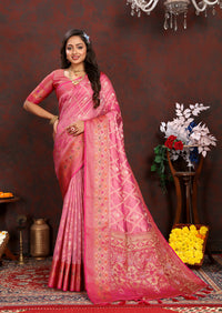 Thumbnail for Lorenvalley Fashion Pink Organza Silk Woven Design with Rich Meenakari Weaving Pallu Saree