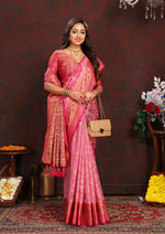 Thumbnail for Lorenvalley Fashion Pink Organza Silk Woven Design with Rich Meenakari Weaving Pallu Saree - Distacart