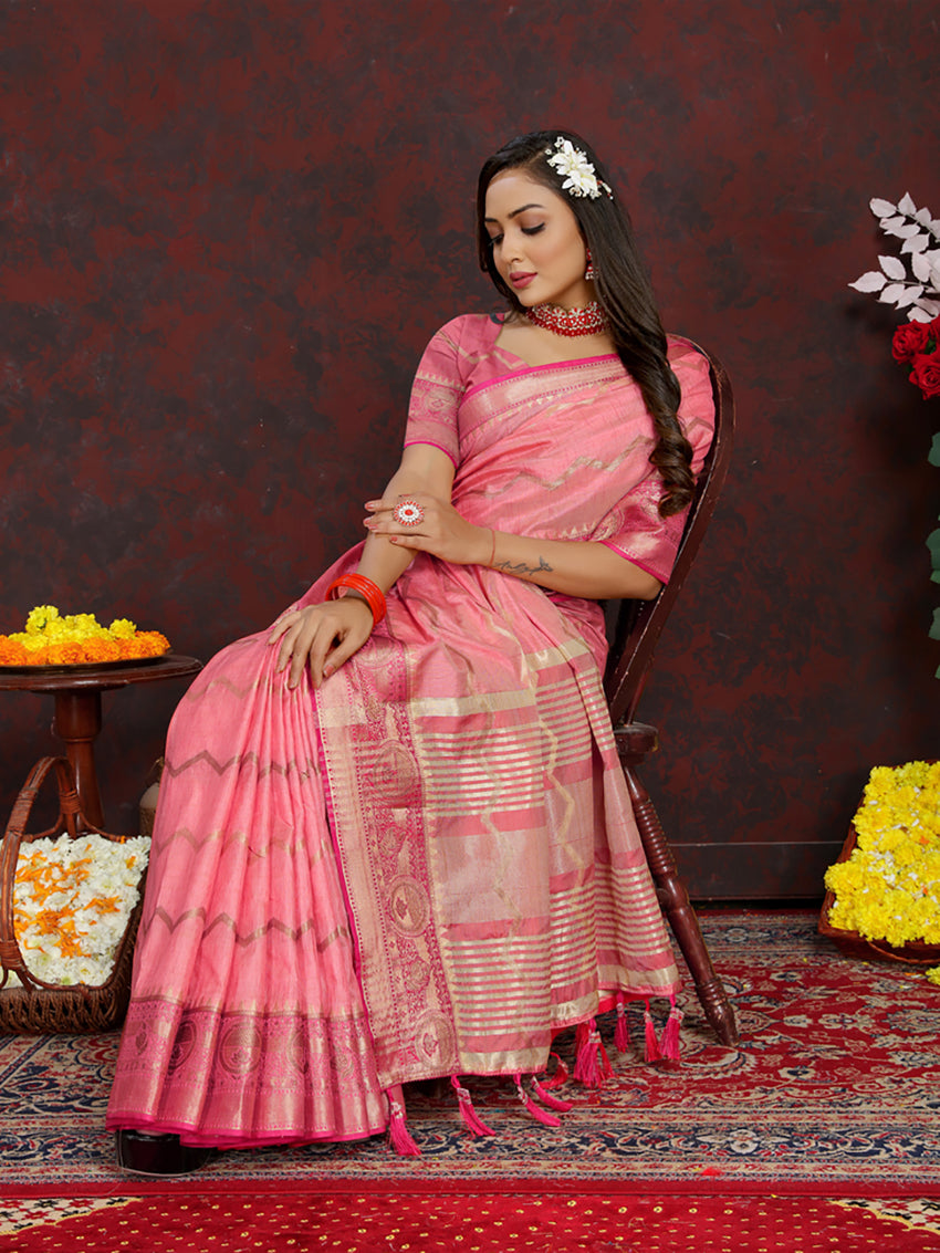 Lorenvalley Fashion Pink Soft Katan Silk Woven Design Zari Weaving Pallu Saree