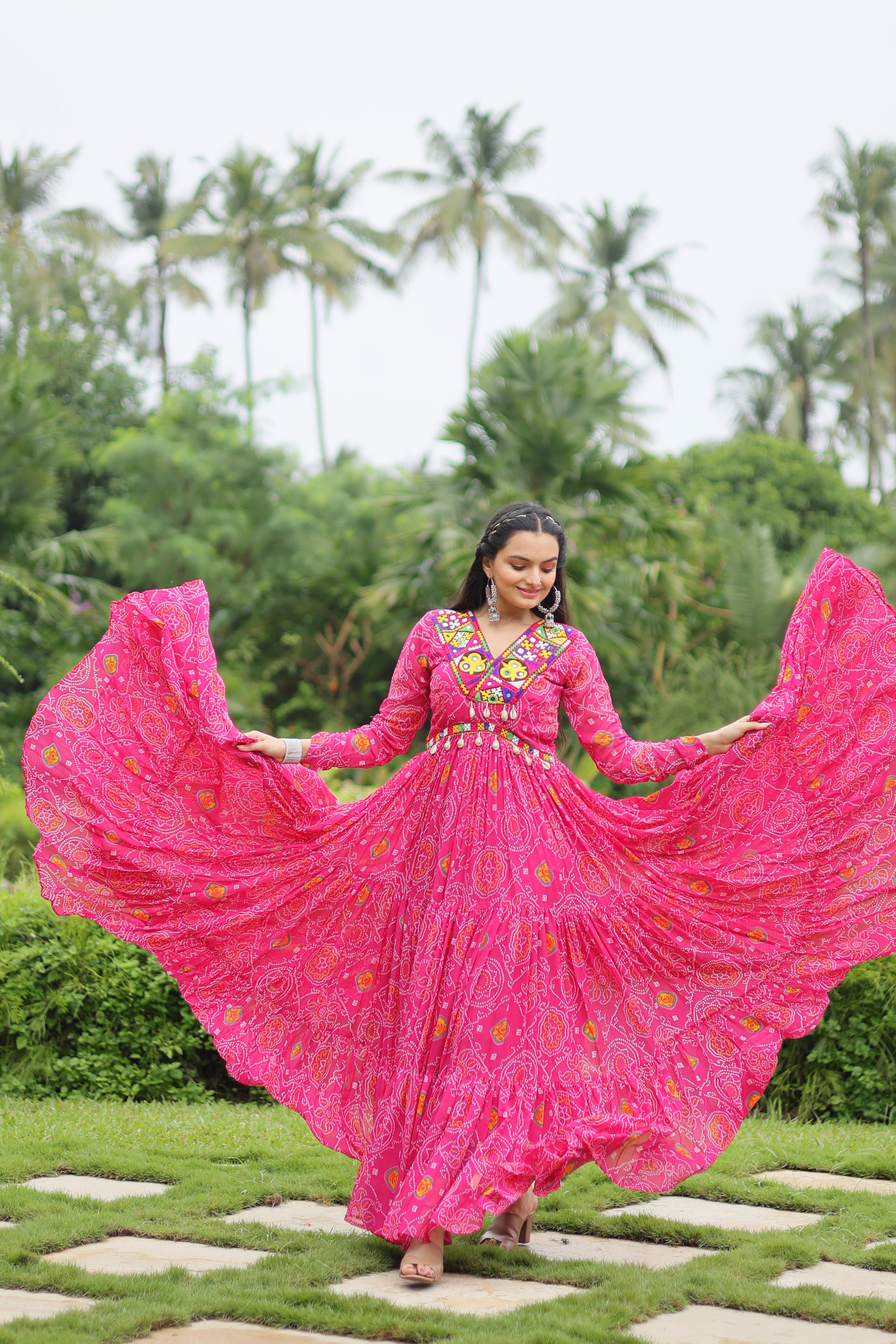 Lorenvalley Pink Faux Georgette Bandhani Print Work With Kutchi Patch Work Gown - Distacart