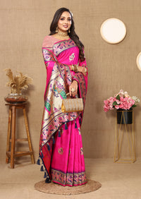 Thumbnail for Lorenvalley Fashion Pink Soft Paithani Silk Woven Design Rich Meenakari Zari Weaving Pallu Saree