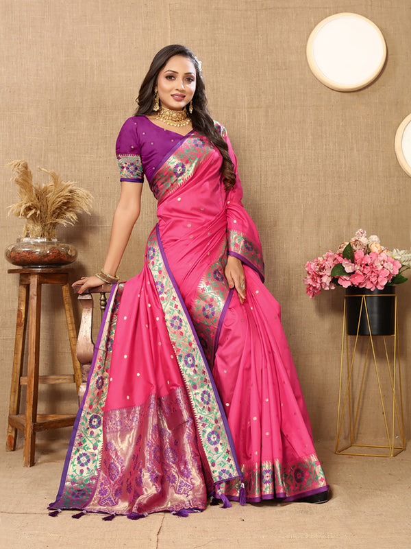 Lorenvalley Fashion Pink Soft Paithani Silk Woven Design Rich Meenakari Zari Weaving Pallu Saree - Distacart