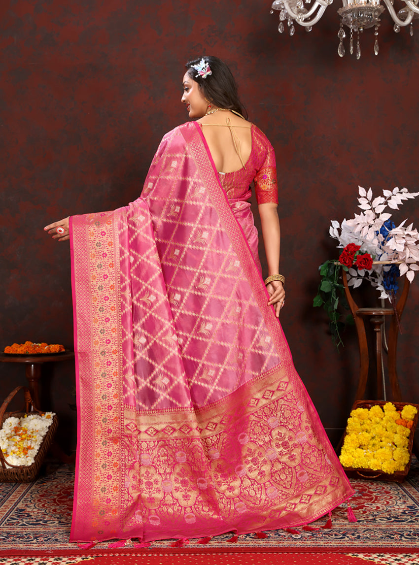 Lorenvalley Fashion Pink Organza Silk Woven Design with Rich Meenakari Weaving Pallu Saree