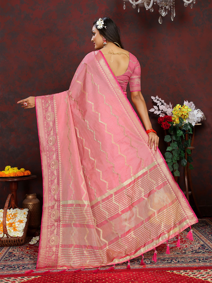 Lorenvalley Fashion Pink Soft Katan Silk Woven Design Zari Weaving Pallu Saree