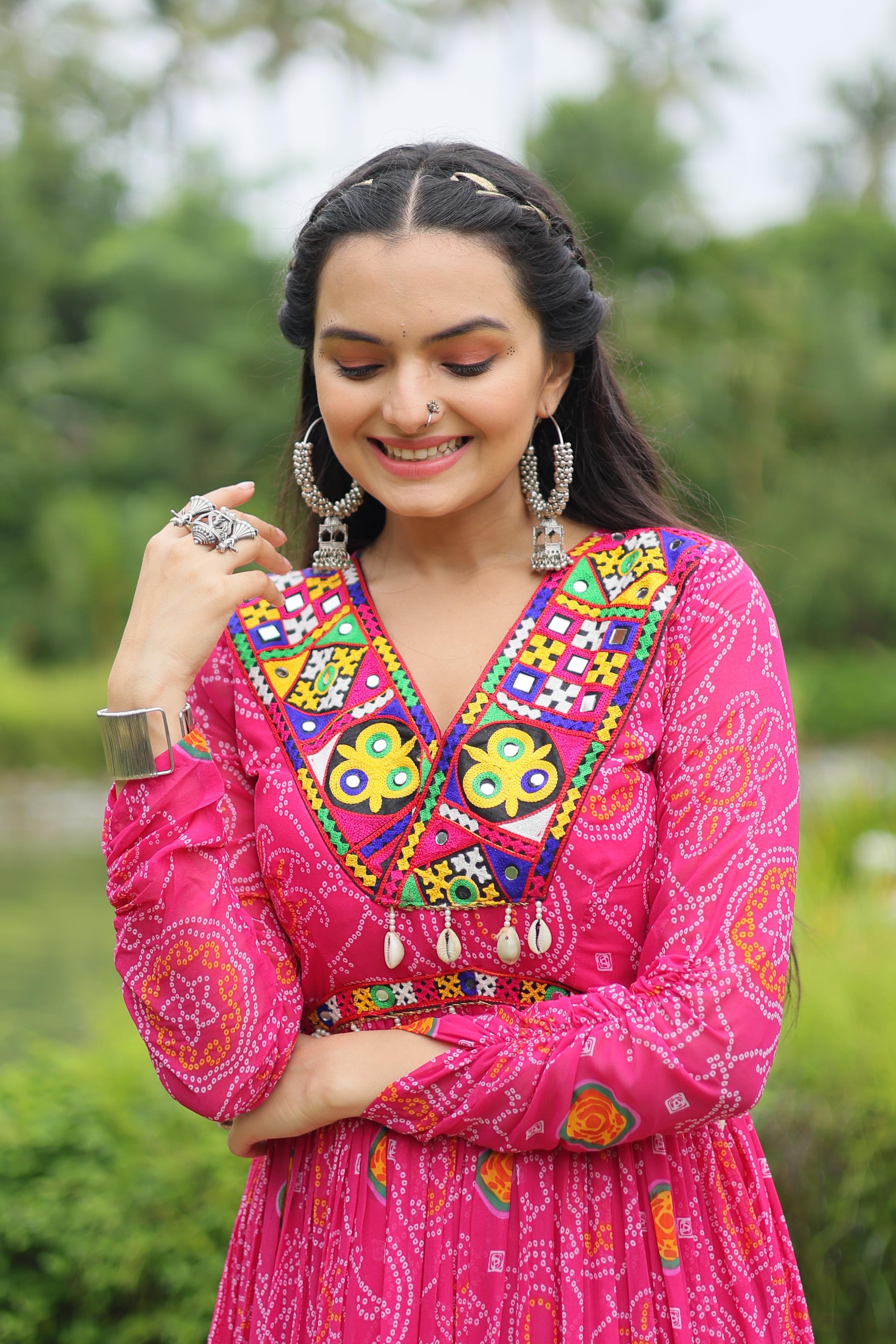 Lorenvalley Pink Faux Georgette Bandhani Print Work With Kutchi Patch Work Gown - Distacart