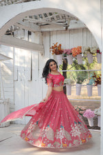 Thumbnail for Lorenvalley Pink Gold Coin Fabric with Sequins and Thread Embroidered work Lehenga Choli with Dupatta - Distacart